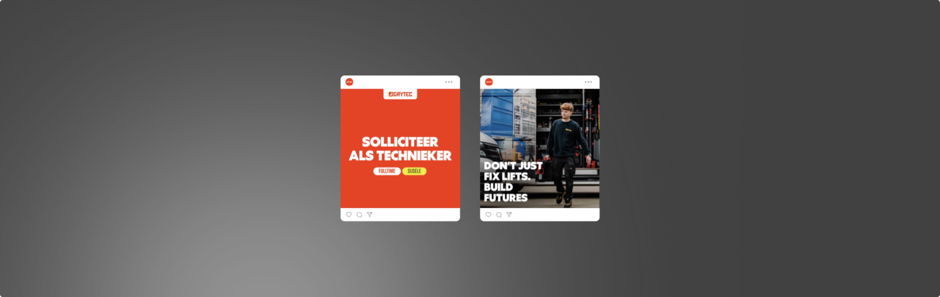 Grytec employer branding social-ads, Solliciteer als technieker / Don't just fix lifts. Build futures.